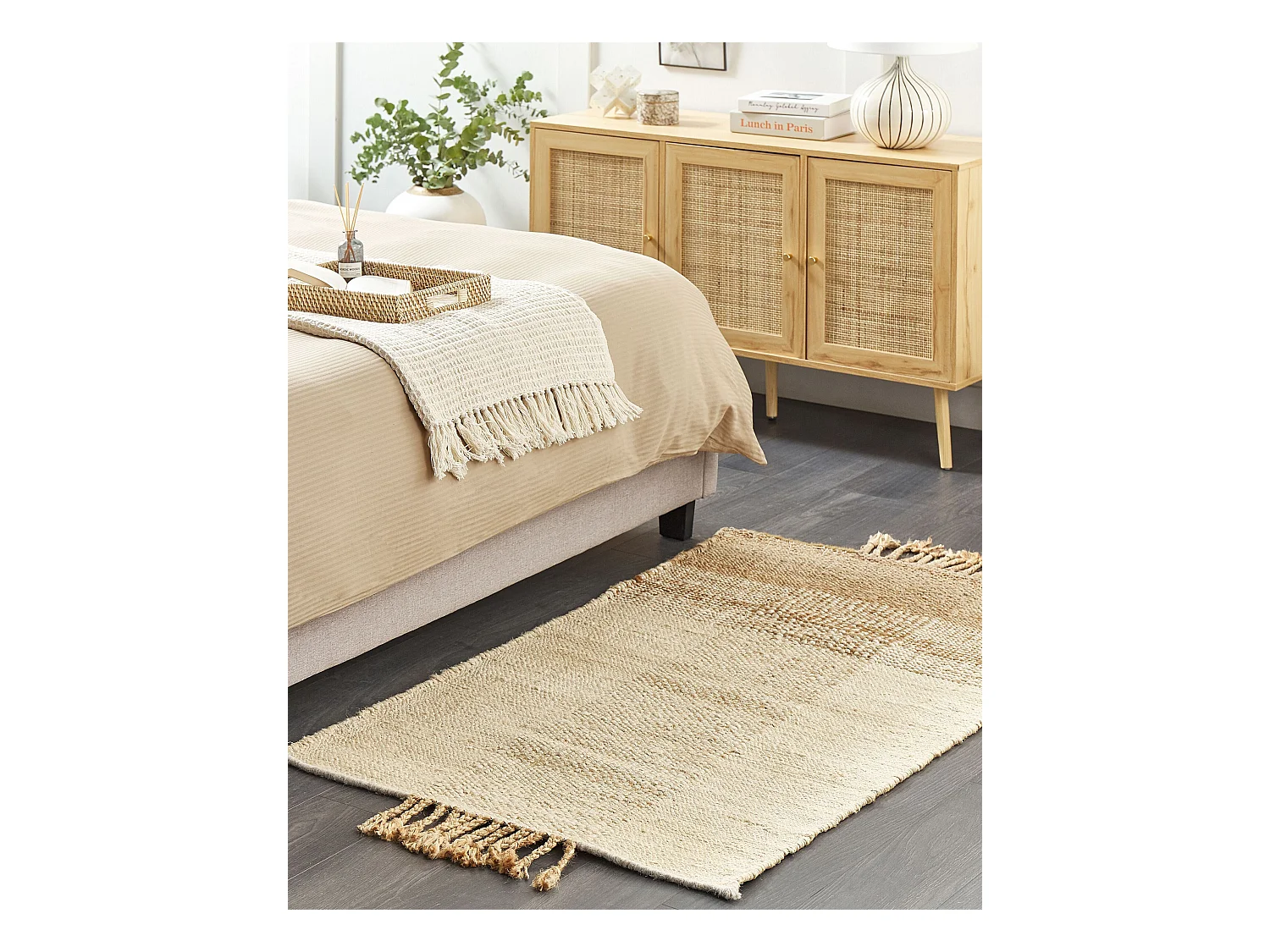 Teppich Jute natürlich beige 80 x 150 cm Fransen geometrisches Muster Hamzalar