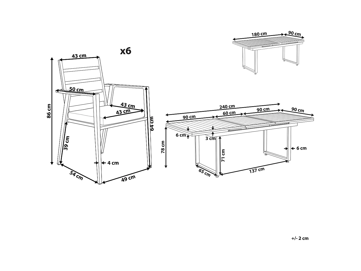 Gartenset Aluminium Tisch 180 / 240 x 90 cm mit 6 Stühlen Valcanetto/Taviano