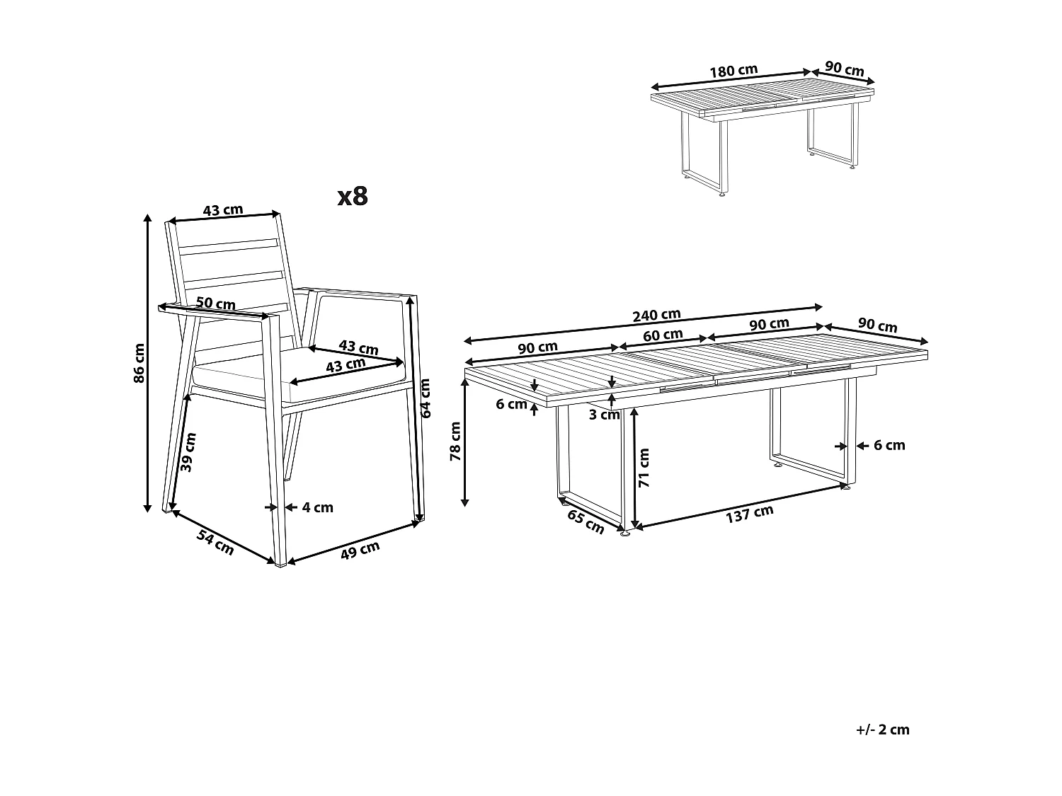 Gartenset Aluminium Tisch 180 / 240 x 90 cm mit 8 Stühlen Valcanetto/Taviano