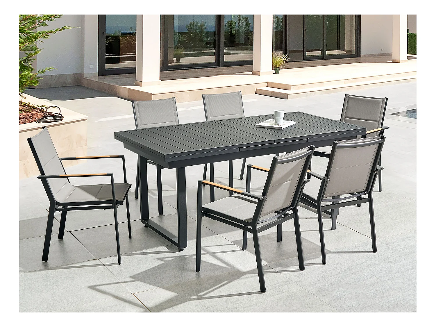 Gartenset Aluminium schwarz Tisch 180/240x90 cm mit 6 Stühlen Valcanetto/Busseto
