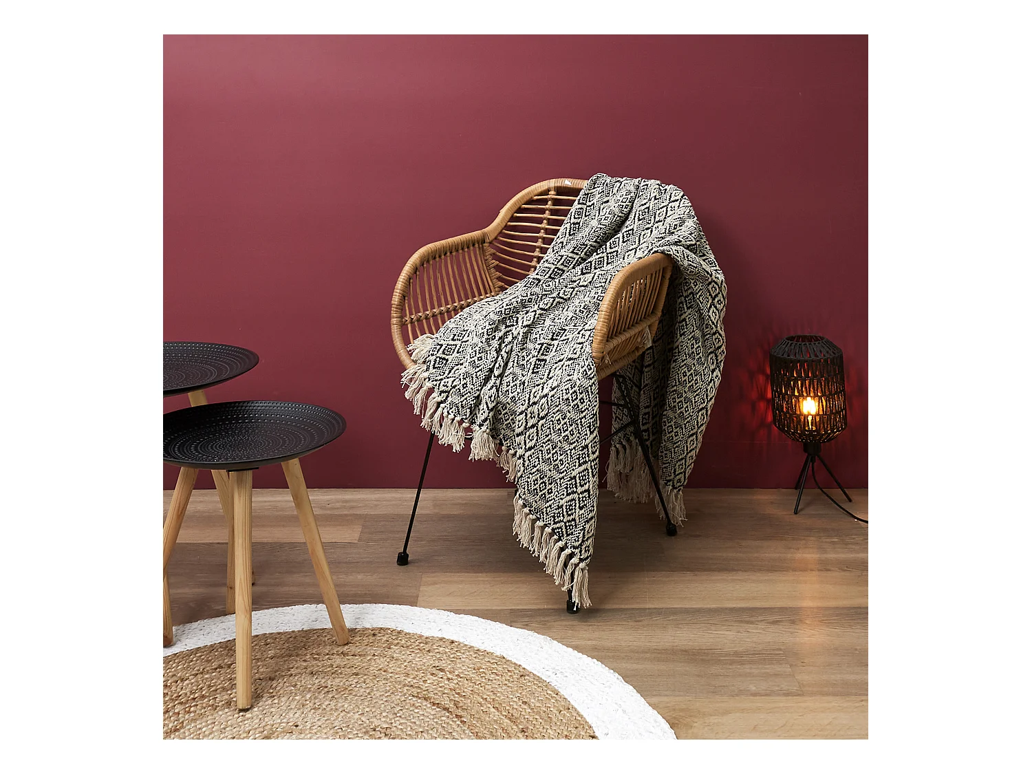 Plaid jeté Ethnique Frange Carreaux 120x150cm