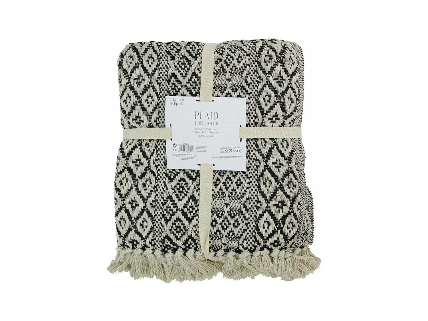 Plaid jeté Ethnique Frange Carreaux 120x150cm