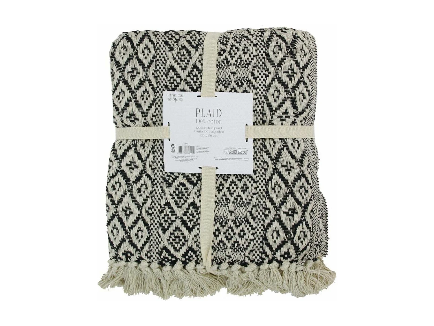 Plaid jeté Ethnique Frange Carreaux 120x150cm