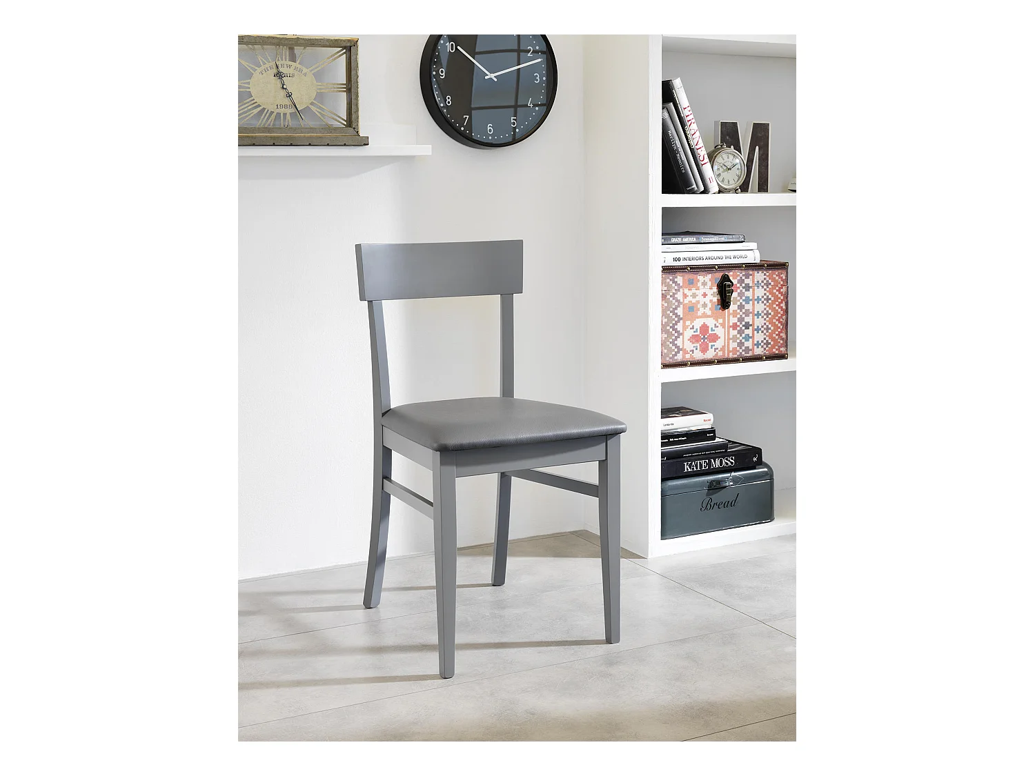 Stuhl aus dunkelgrau lackiertem Holz mit Sitz aus Kunstleder, 44x45xh. 82 cm 2 Stk