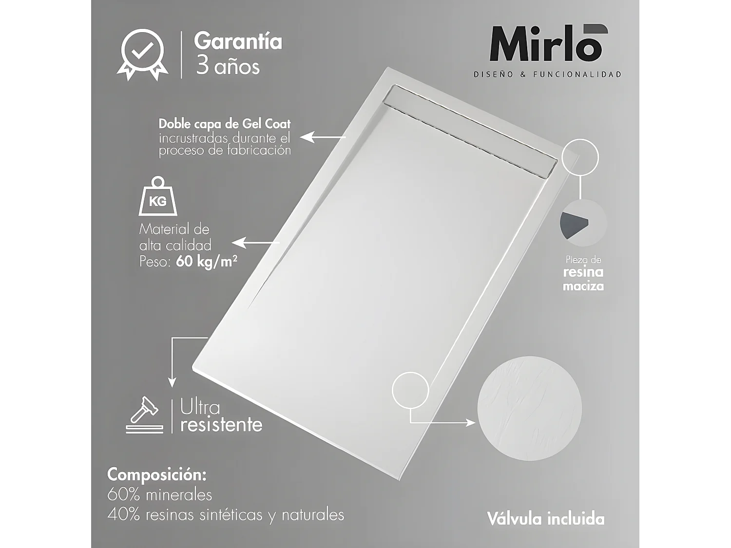 Mineralguss-Duschwanne extra flach CLEVER Schieferoptik WEIß 80x210 cm