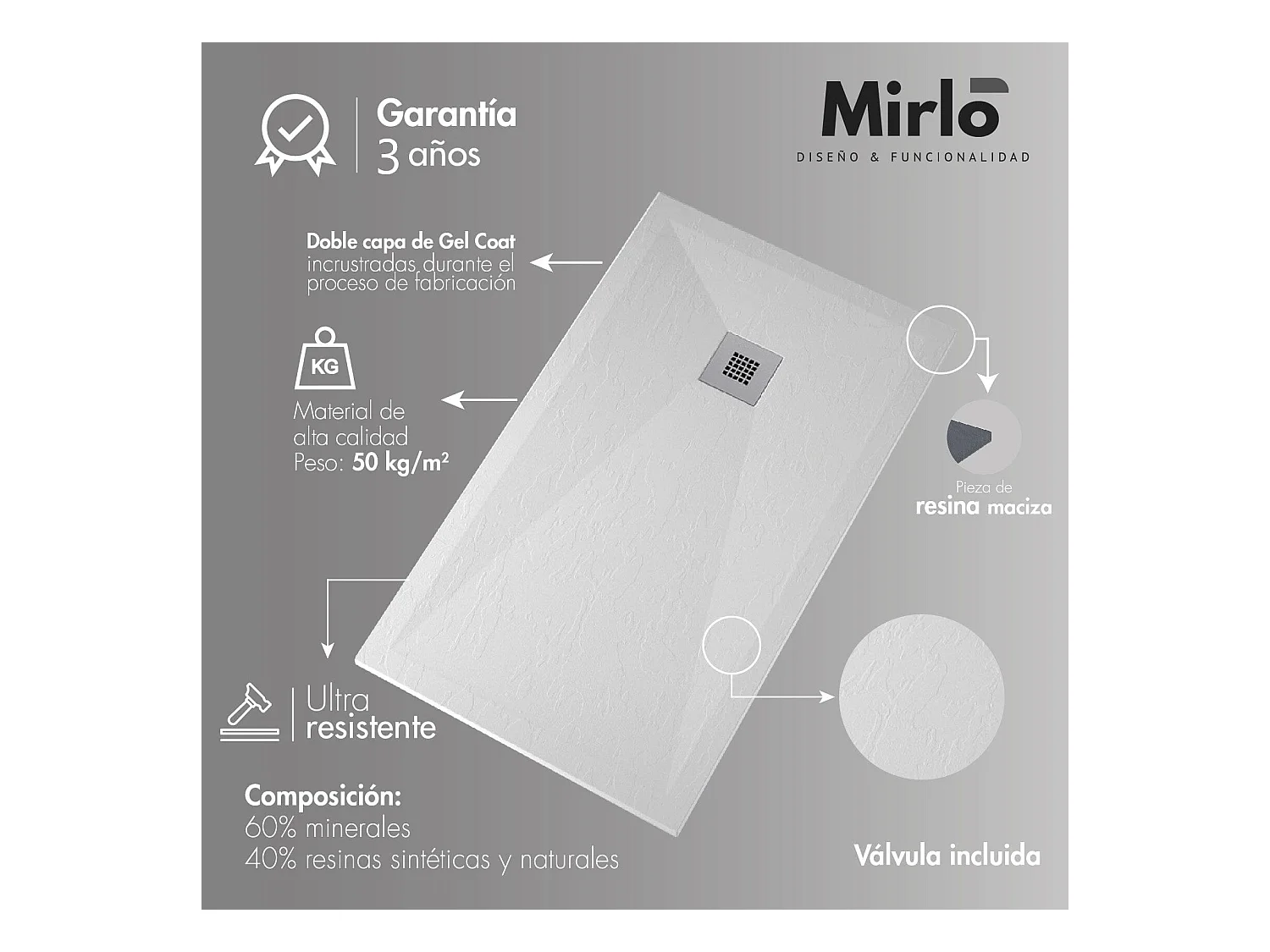 Plato de ducha pizarra ONDA NEGRO  70x200 cm rejilla inox