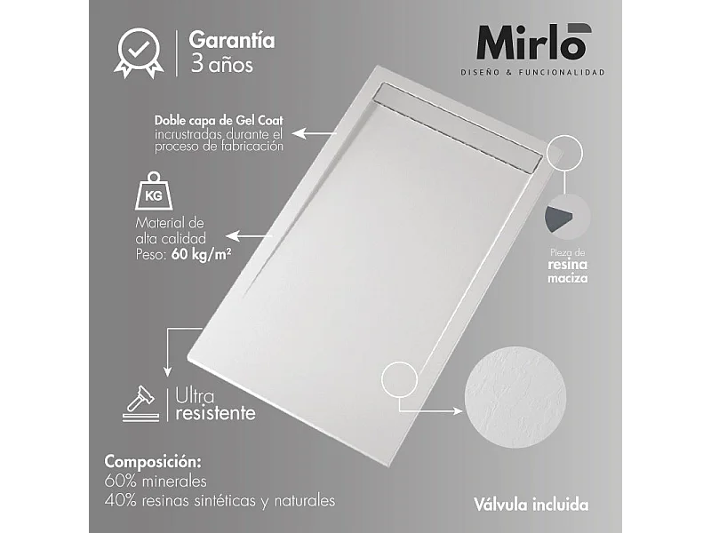 Mineralguss-Duschwanne extra flach CLEVER Schieferoptik WEIß 70x210 cm  Auslaufschutz in Farbe