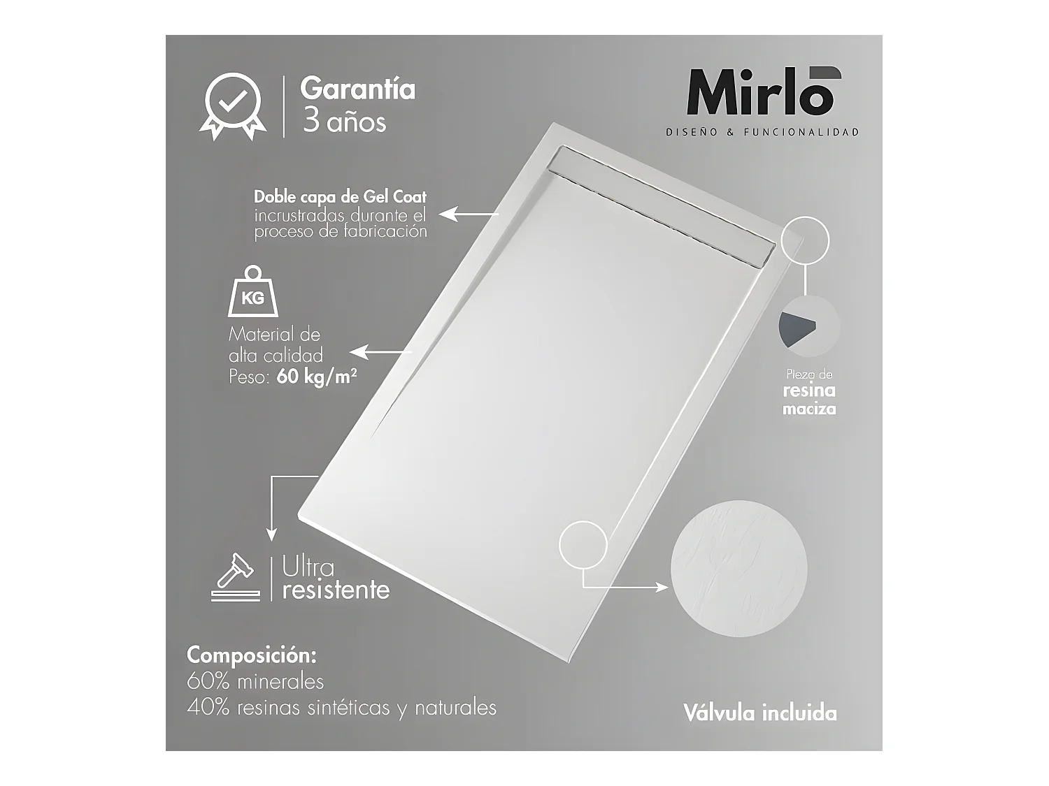 Mineralguss-Duschwanne extra flach CLEVER Schieferoptik WEIß 90x210 cm