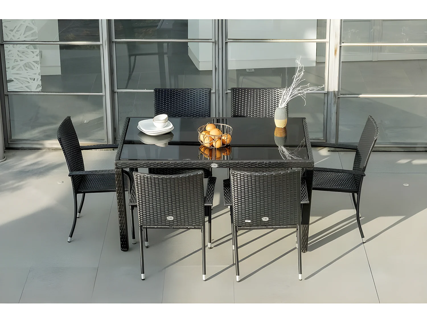 Muebles de Jardín Comedor Formentera 6 Plazas Ratán sintético Negro KieferGarden