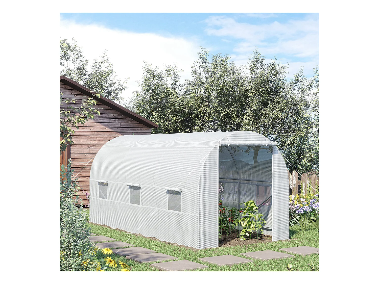 Serre de jardin tunnel surface sol 9 m² 4,5L x 2l x 2H m châssis tubulaire renforcé 18 mm 6 fenêtres blanc