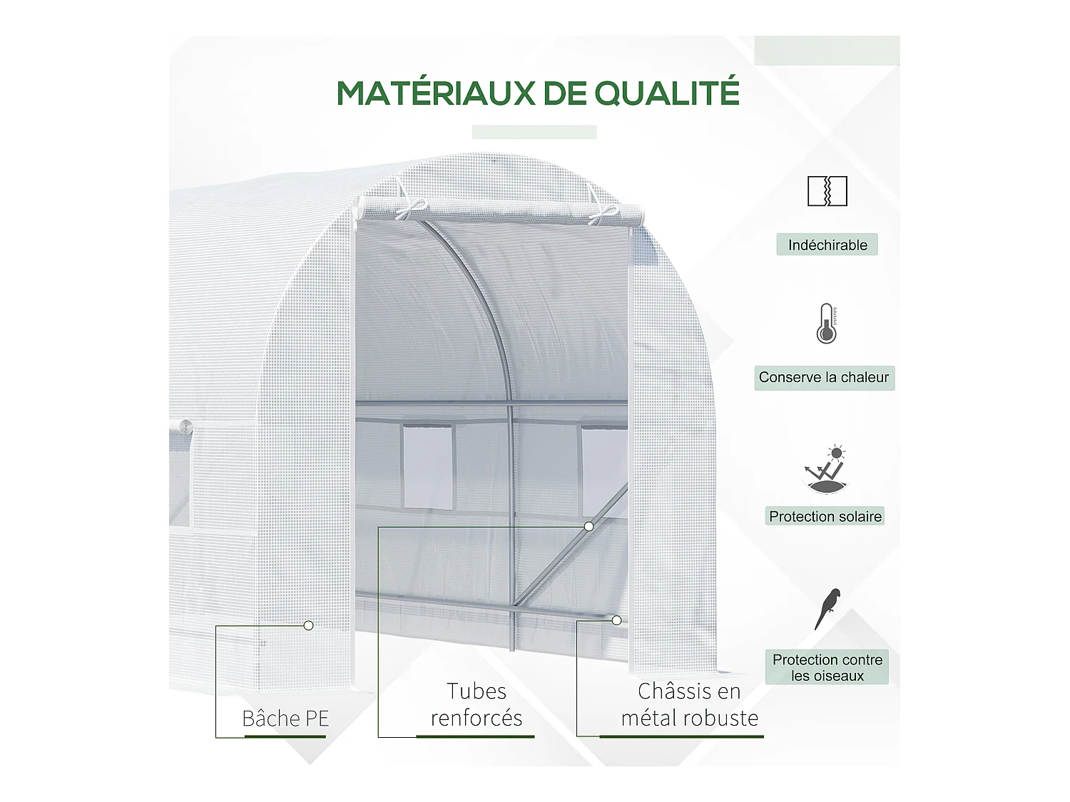 Serre de jardin tunnel surface sol 9 m² 4,5L x 2l x 2H m châssis tubulaire renforcé 18 mm 6 fenêtres blanc
