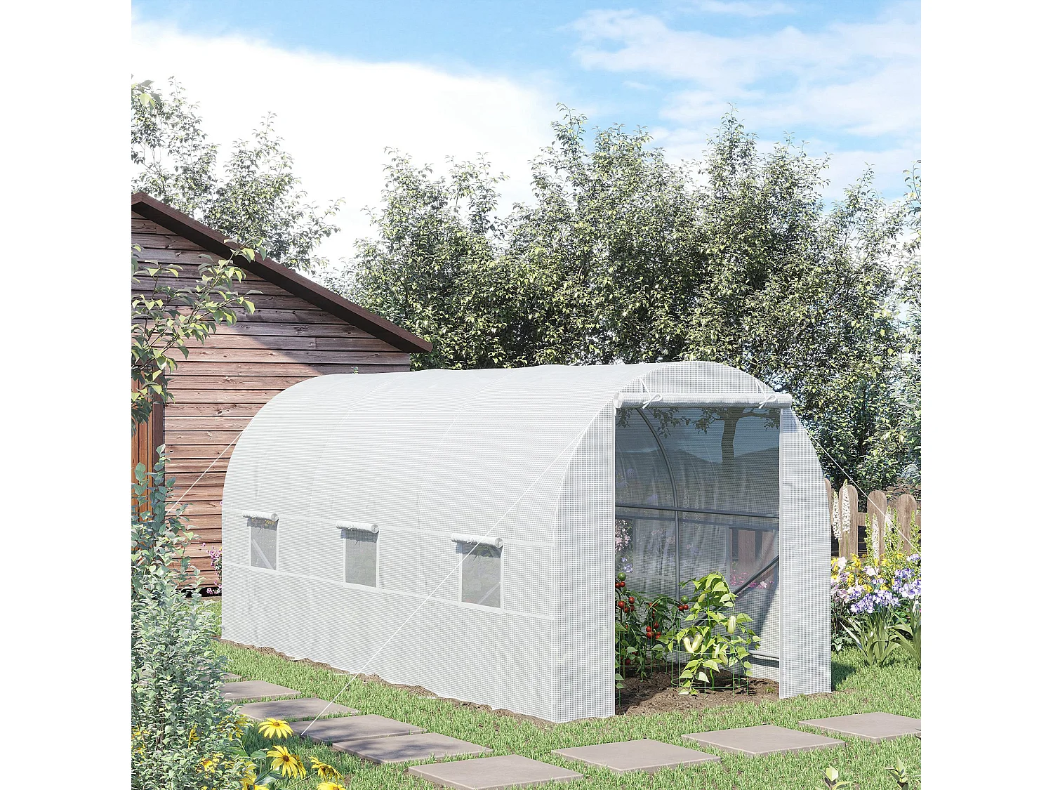 Serre de jardin tunnel surface sol 9 m² 4,5L x 2l x 2H m châssis tubulaire renforcé 18 mm 6 fenêtres blanc
