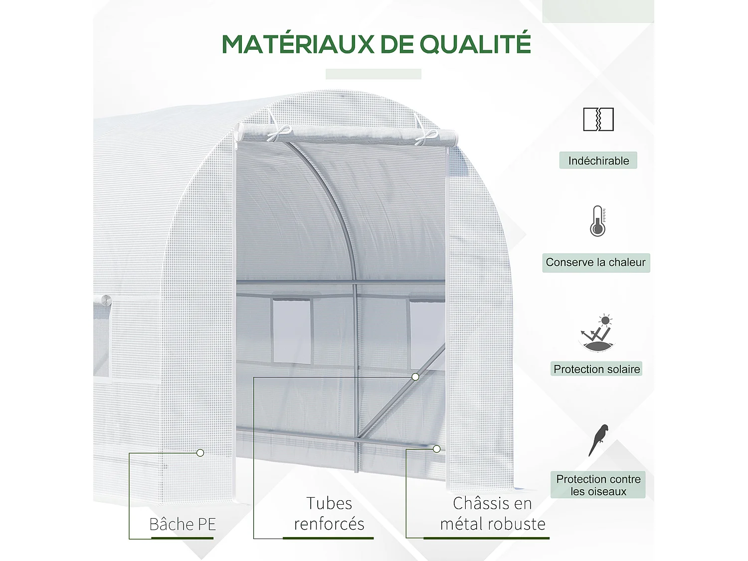 Serre de jardin tunnel surface sol 9 m² 4,5L x 2l x 2H m châssis tubulaire renforcé 18 mm 6 fenêtres blanc
