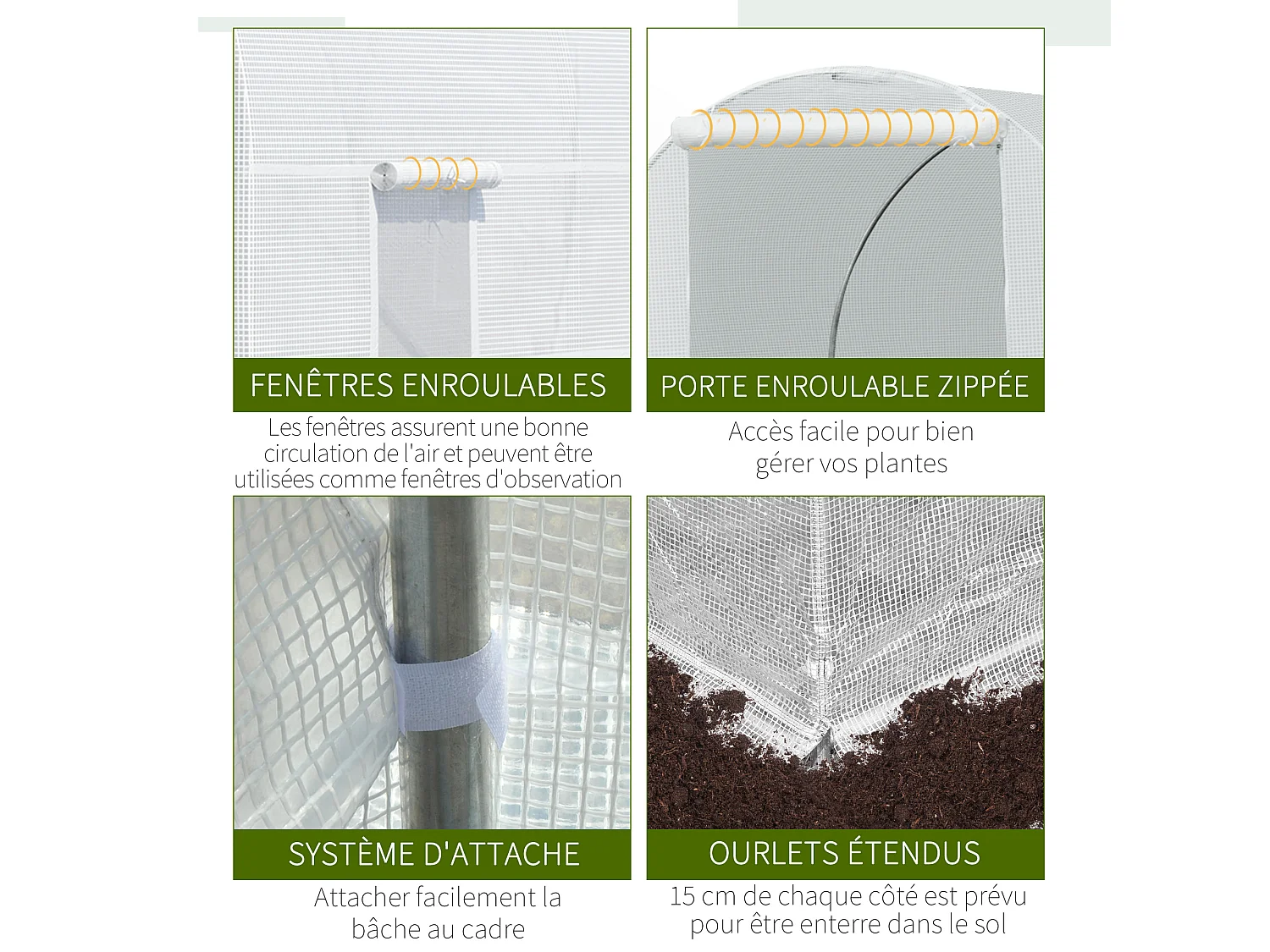 Serre de jardin tunnel surface sol 9 m² 4,5L x 2l x 2H m châssis tubulaire renforcé 18 mm 6 fenêtres blanc