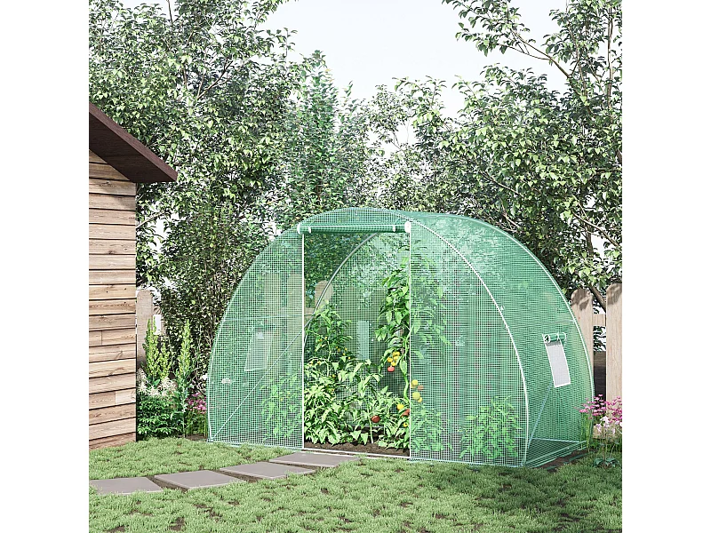 Serre de jardin tunnel surface sol 4,5 m² dim. 3L x 1,5l x 2H m châssis tubulaire renforcé porte zippée 2 fenêtres enroulables vert