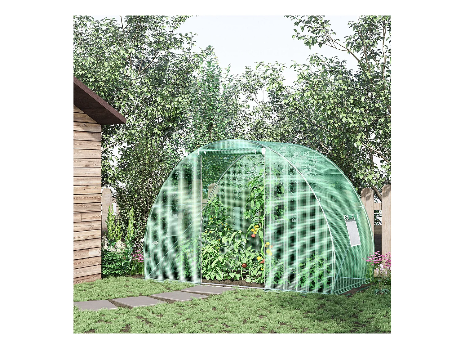 Serre de jardin tunnel surface sol 4,5 m² dim. 3L x 1,5l x 2H m châssis tubulaire renforcé porte zippée 2 fenêtres enroulables vert