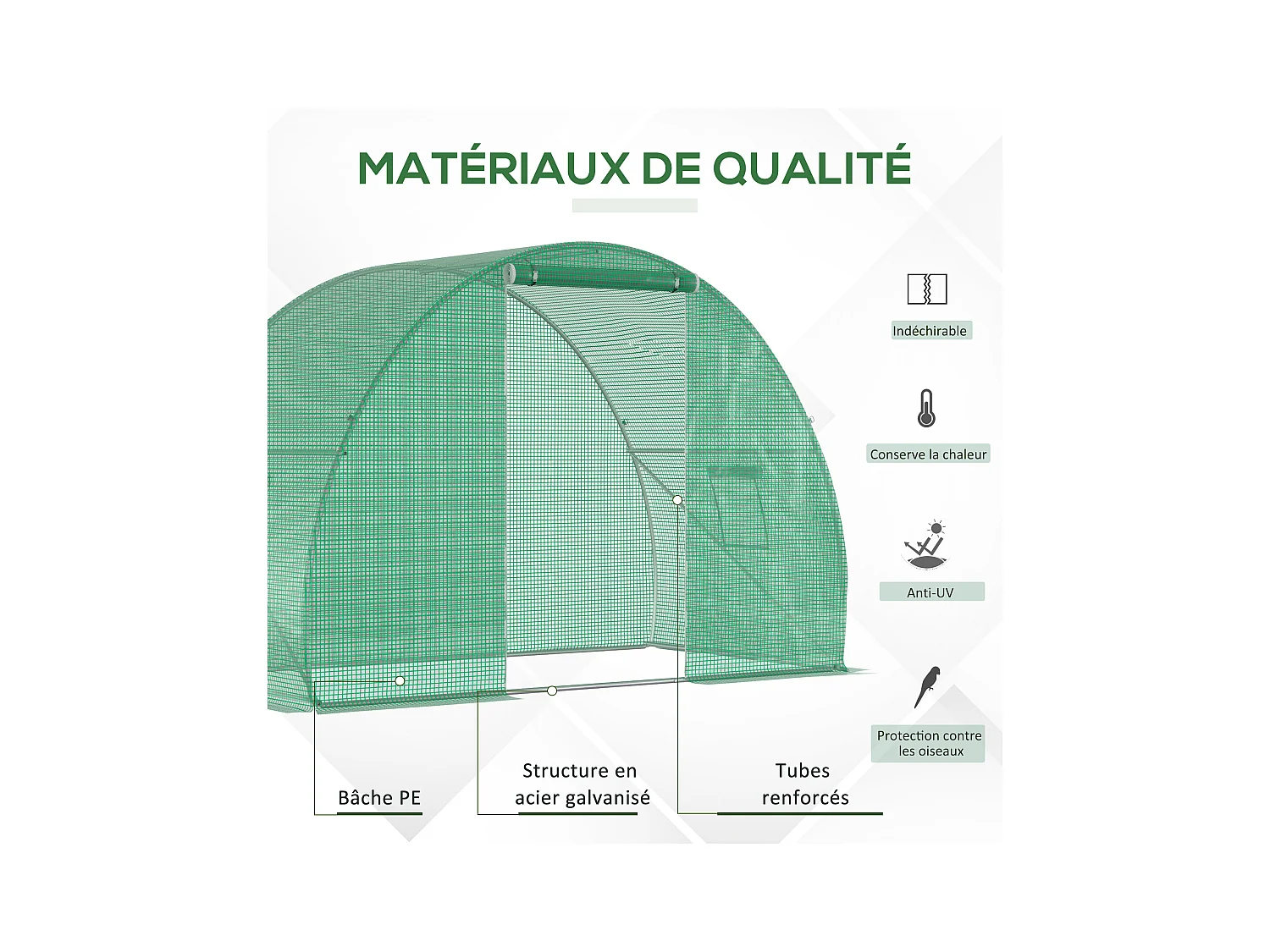 Serre de jardin tunnel surface sol 4,5 m² dim. 3L x 1,5l x 2H m châssis tubulaire renforcé porte zippée 2 fenêtres enroulables vert