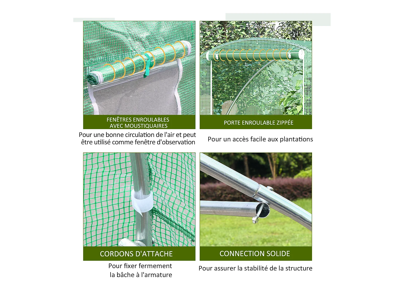 Serre de jardin tunnel surface sol 4,5 m² dim. 3L x 1,5l x 2H m châssis tubulaire renforcé porte zippée 2 fenêtres enroulables vert