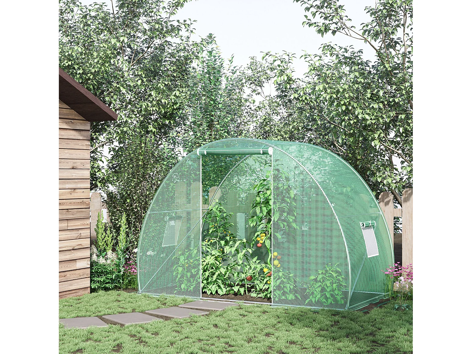 Serre de jardin tunnel surface sol 4,5 m² dim. 3L x 1,5l x 2H m châssis tubulaire renforcé porte zippée 2 fenêtres enroulables vert