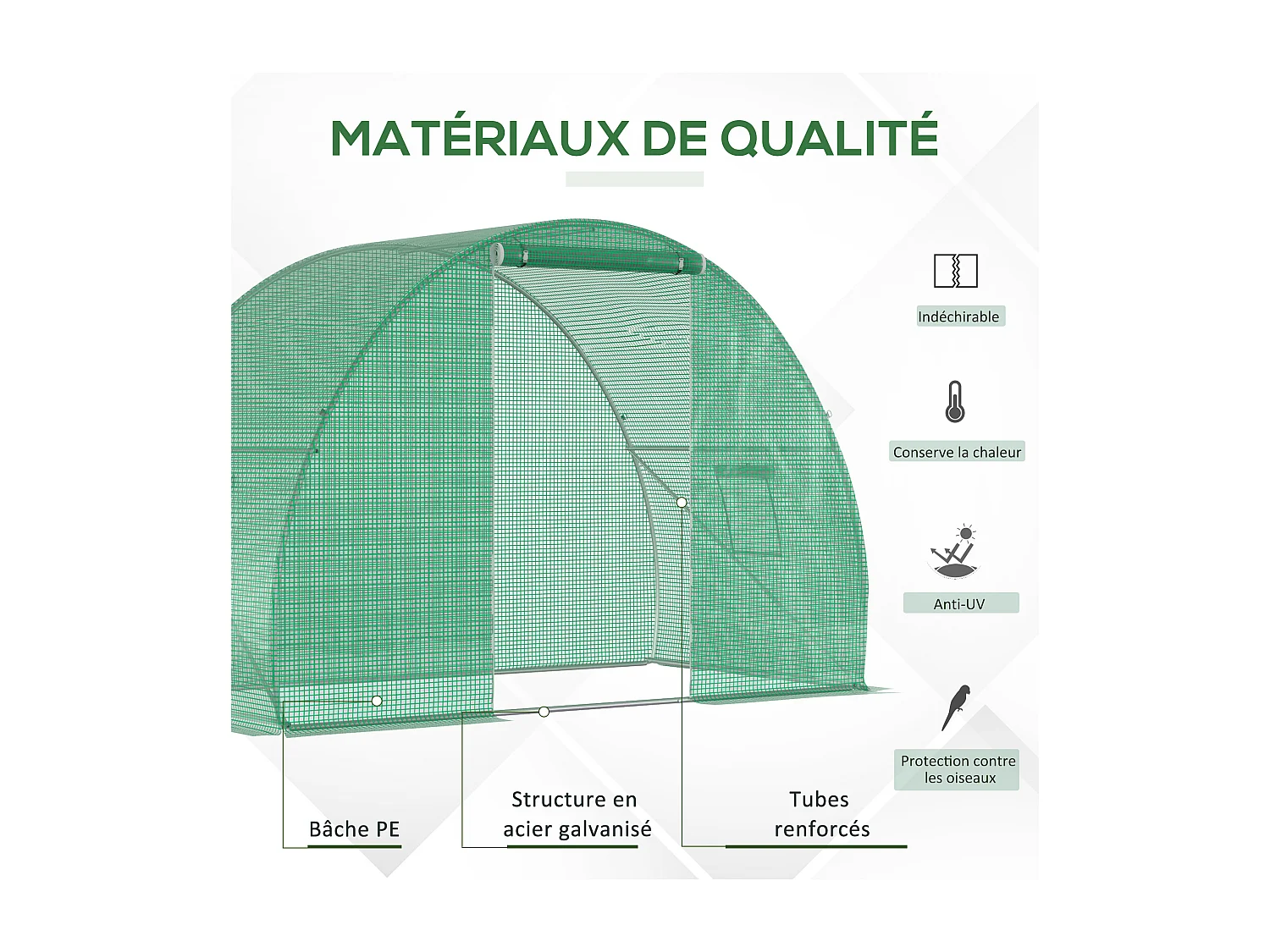 Serre de jardin tunnel surface sol 4,5 m² dim. 3L x 1,5l x 2H m châssis tubulaire renforcé porte zippée 2 fenêtres enroulables vert