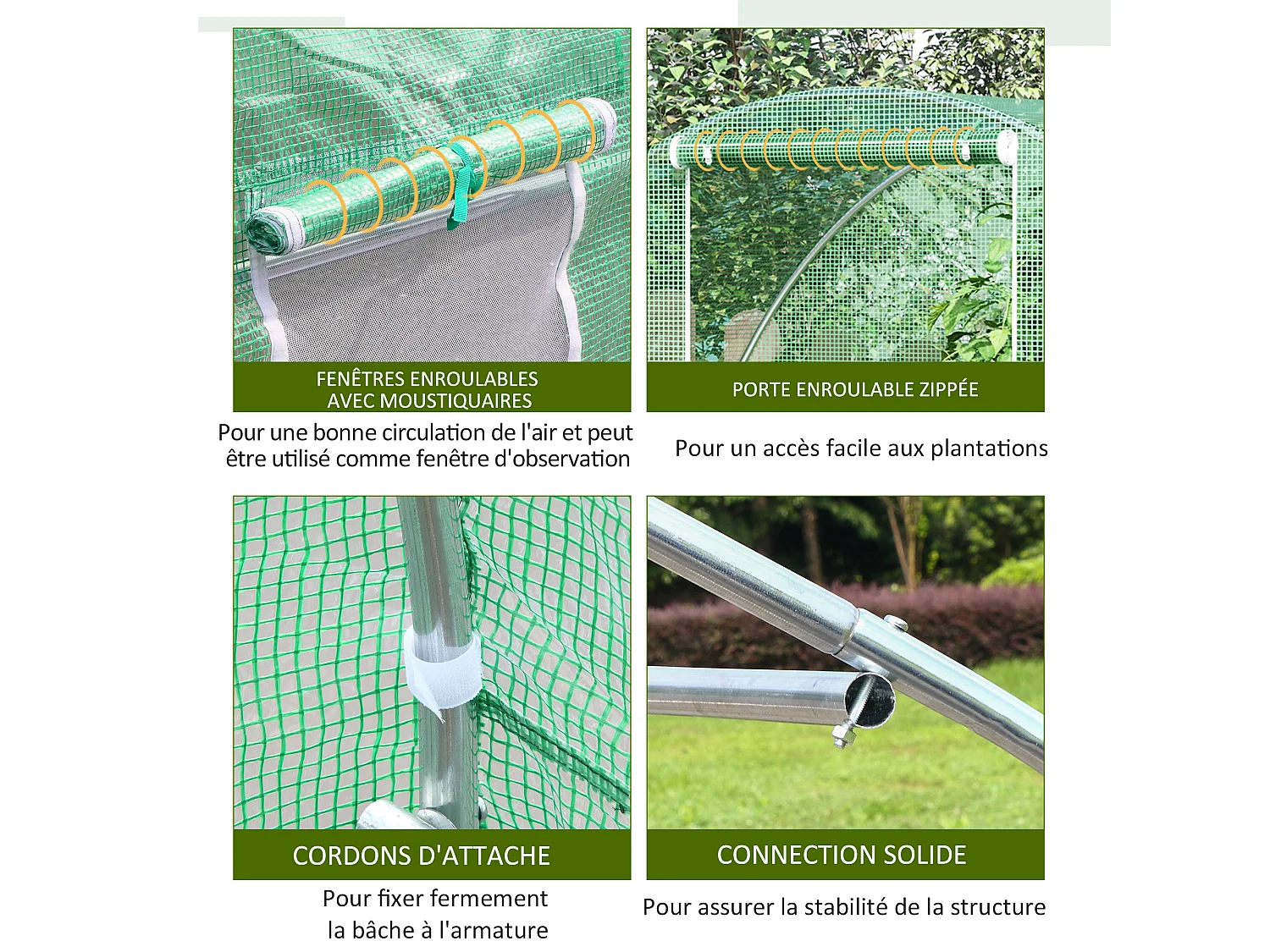 Serre de jardin tunnel surface sol 4,5 m² dim. 3L x 1,5l x 2H m châssis tubulaire renforcé porte zippée 2 fenêtres enroulables vert