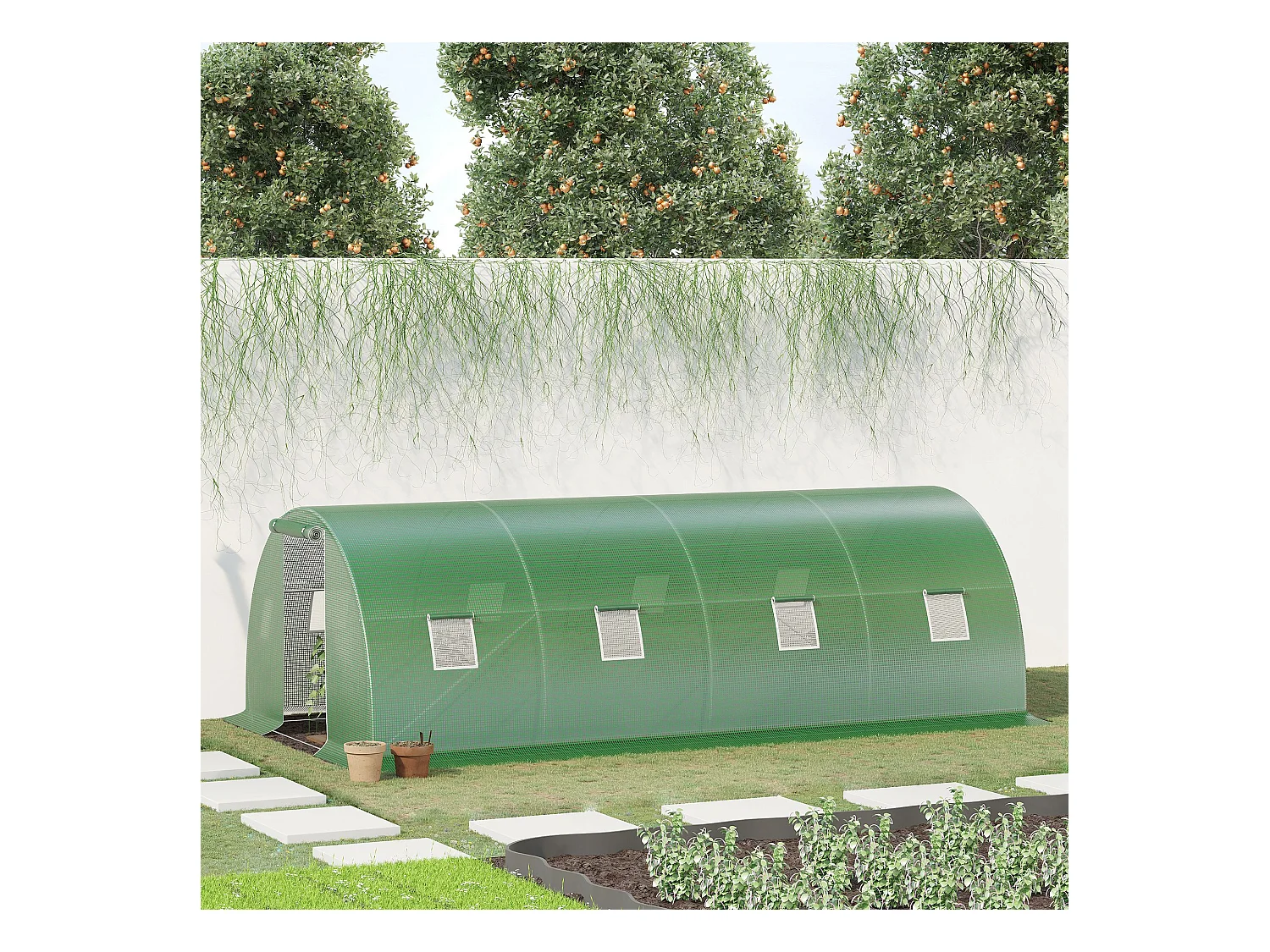 Serre de jardin tunnel 18 m² dim. 6L x 3l x 2H m - 8 fenêtres, porte zippée enroulable - châssis tubulaire acier galvanisé, bâche PE haute densité vert