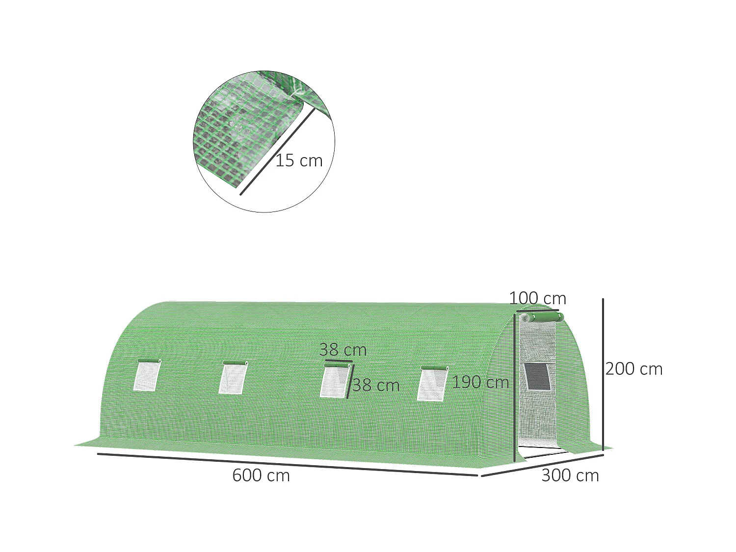 Serre de jardin tunnel 18 m² dim. 6L x 3l x 2H m - 8 fenêtres, porte zippée enroulable - châssis tubulaire acier galvanisé, bâche PE haute densité vert