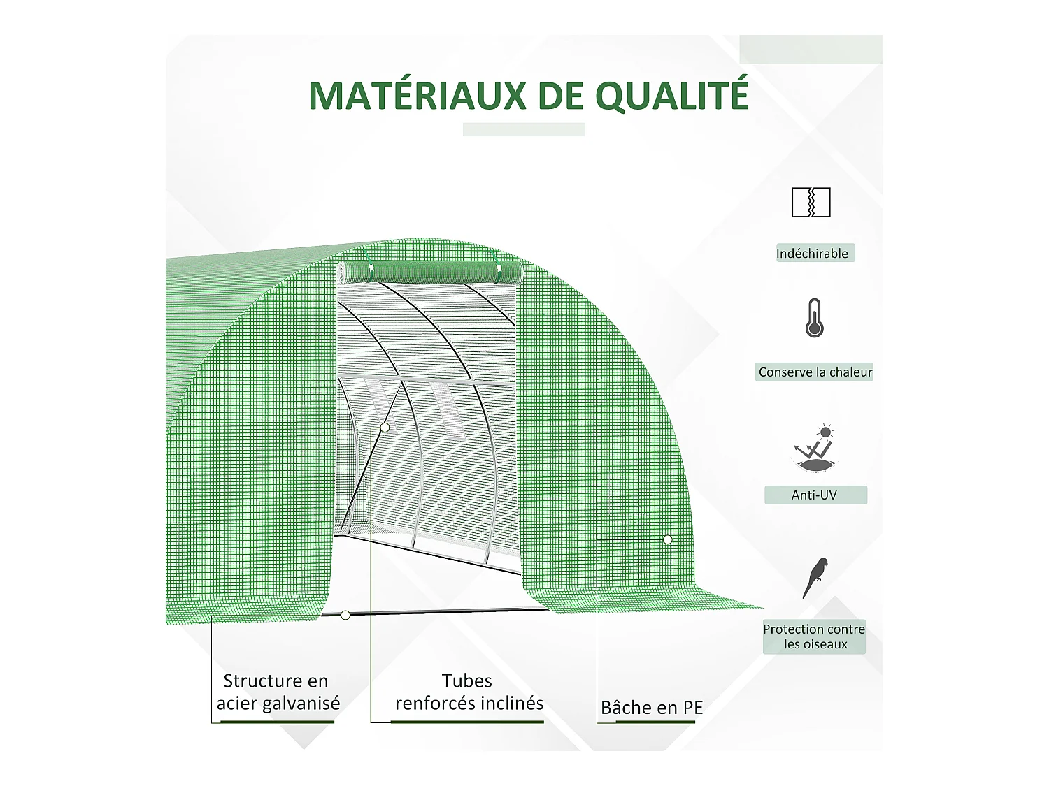 Serre de jardin tunnel 18 m² dim. 6L x 3l x 2H m - 8 fenêtres, porte zippée enroulable - châssis tubulaire acier galvanisé, bâche PE haute densité vert