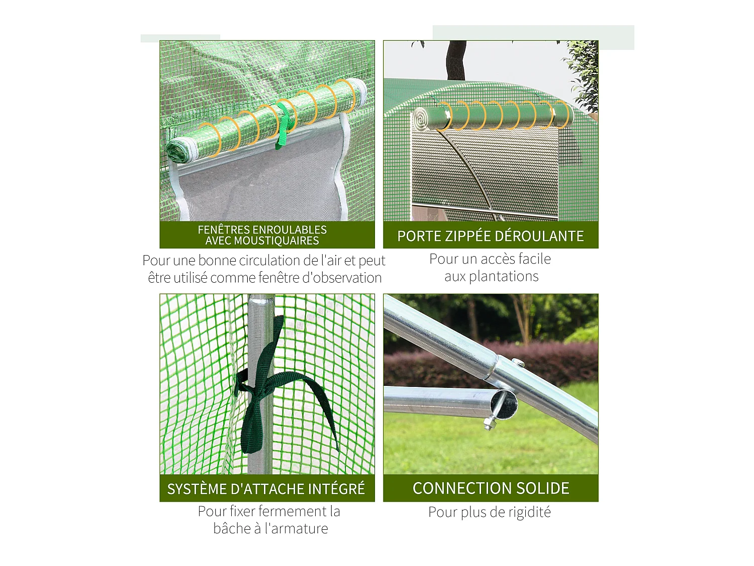 Serre de jardin tunnel 18 m² dim. 6L x 3l x 2H m - 8 fenêtres, porte zippée enroulable - châssis tubulaire acier galvanisé, bâche PE haute densité vert