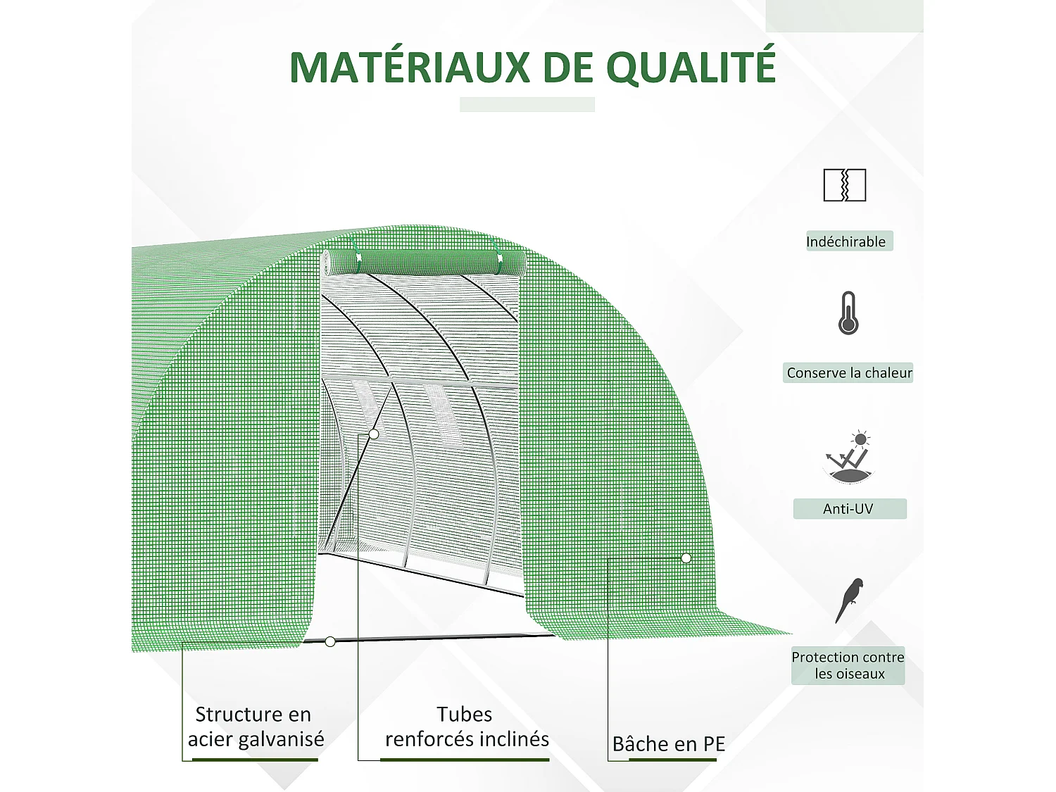 Serre de jardin tunnel 18 m² dim. 6L x 3l x 2H m - 8 fenêtres, porte zippée enroulable - châssis tubulaire acier galvanisé, bâche PE haute densité vert