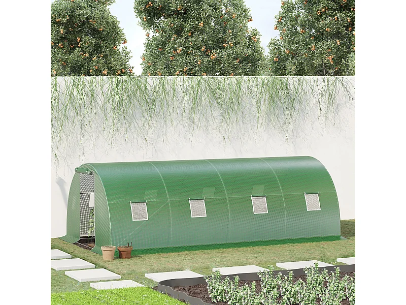 Serre de jardin tunnel 18 m² dim. 6L x 3l x 2H m - 8 fenêtres, porte zippée enroulable - châssis tubulaire acier galvanisé, bâche PE haute densité vert