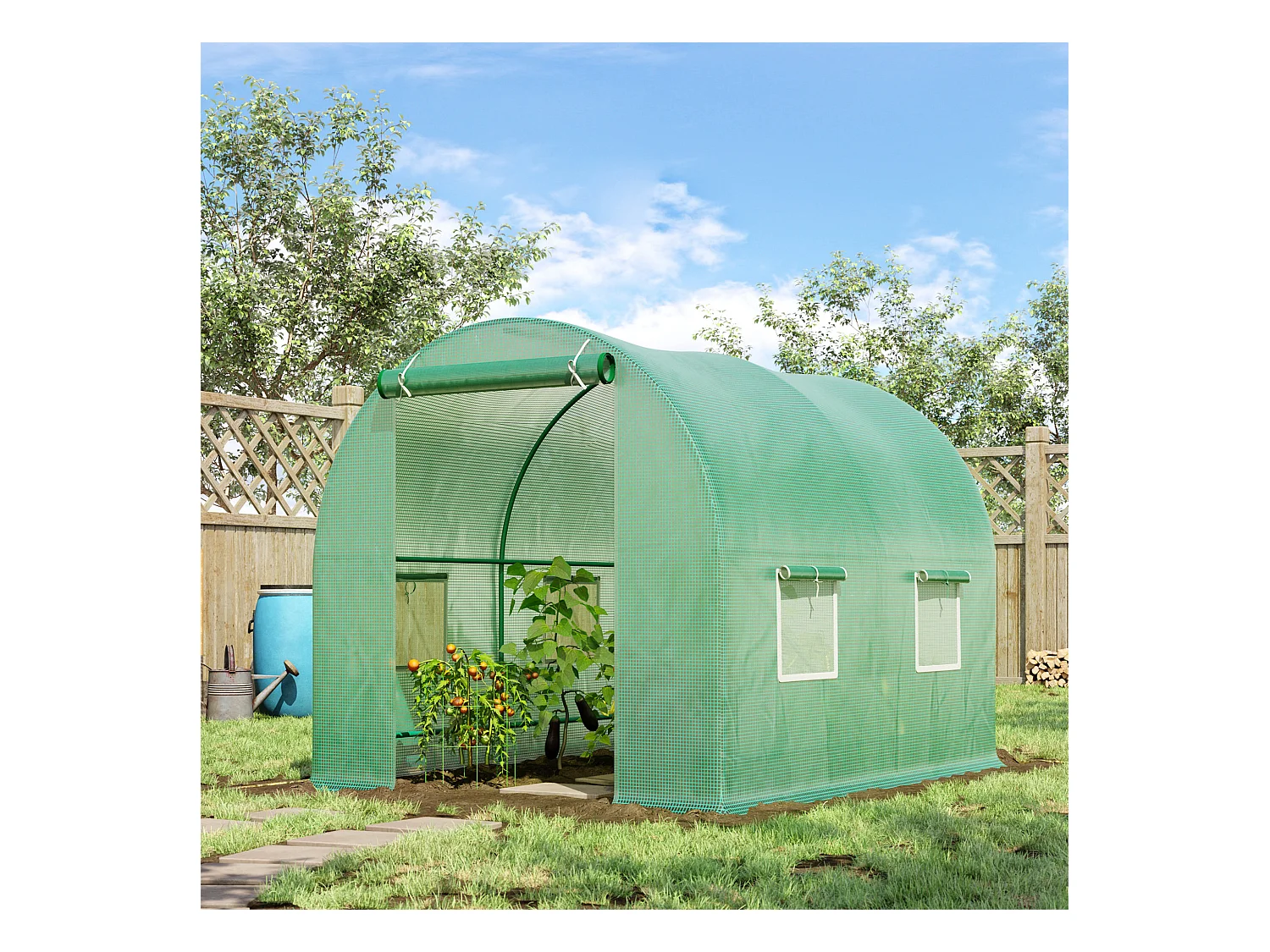 Serre de jardin tunnel 5 m² 2,45L x 2l x 1,98H m acier renforcé Ø 1,8 cm + PE haute densité 140 g/m² fenêtres porte déroulante vert