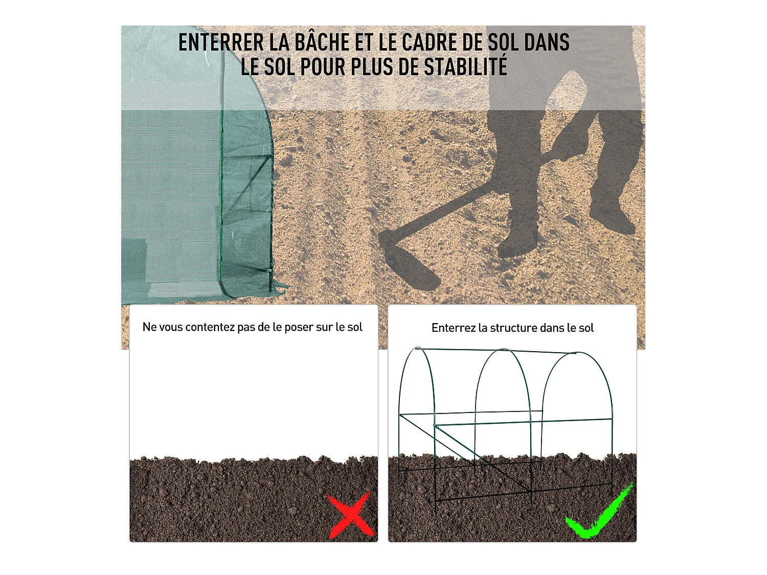 Serre de jardin tunnel 5 m² 2,45L x 2l x 1,98H m acier renforcé Ø 1,8 cm + PE haute densité 140 g/m² fenêtres porte déroulante vert