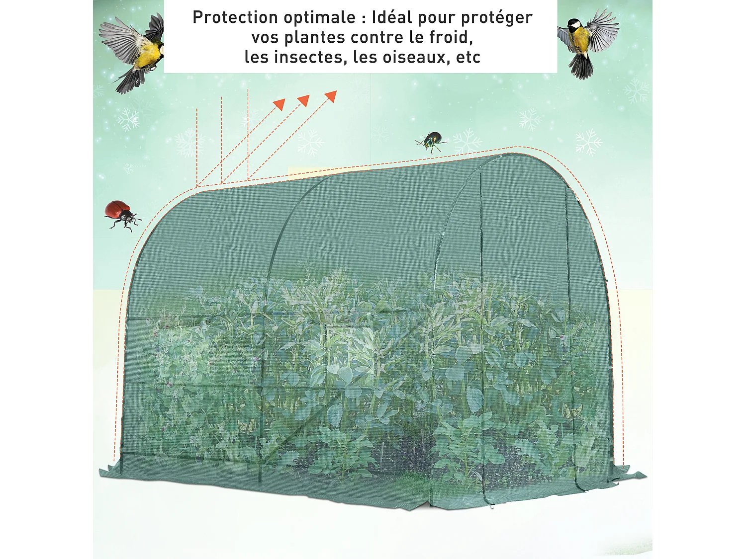 Serre de jardin tunnel 5 m² 2,45L x 2l x 1,98H m acier renforcé Ø 1,8 cm + PE haute densité 140 g/m² fenêtres porte déroulante vert