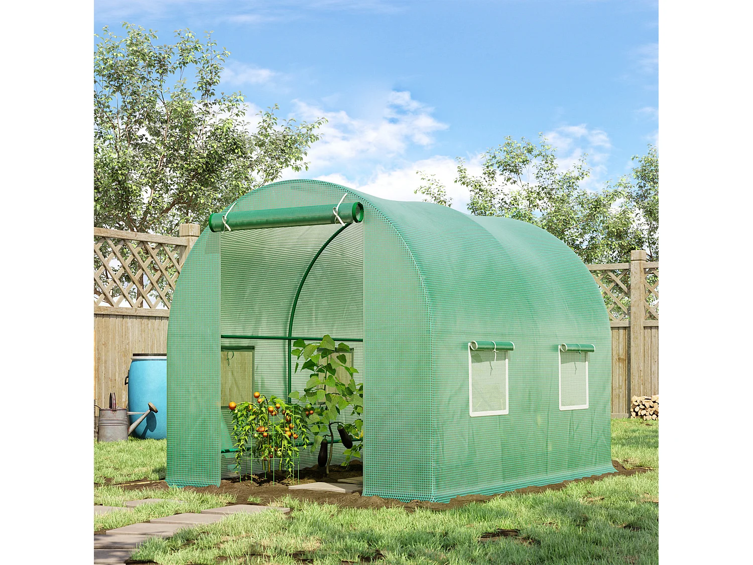 Serre de jardin tunnel 5 m² 2,45L x 2l x 1,98H m acier renforcé Ø 1,8 cm + PE haute densité 140 g/m² fenêtres porte déroulante vert