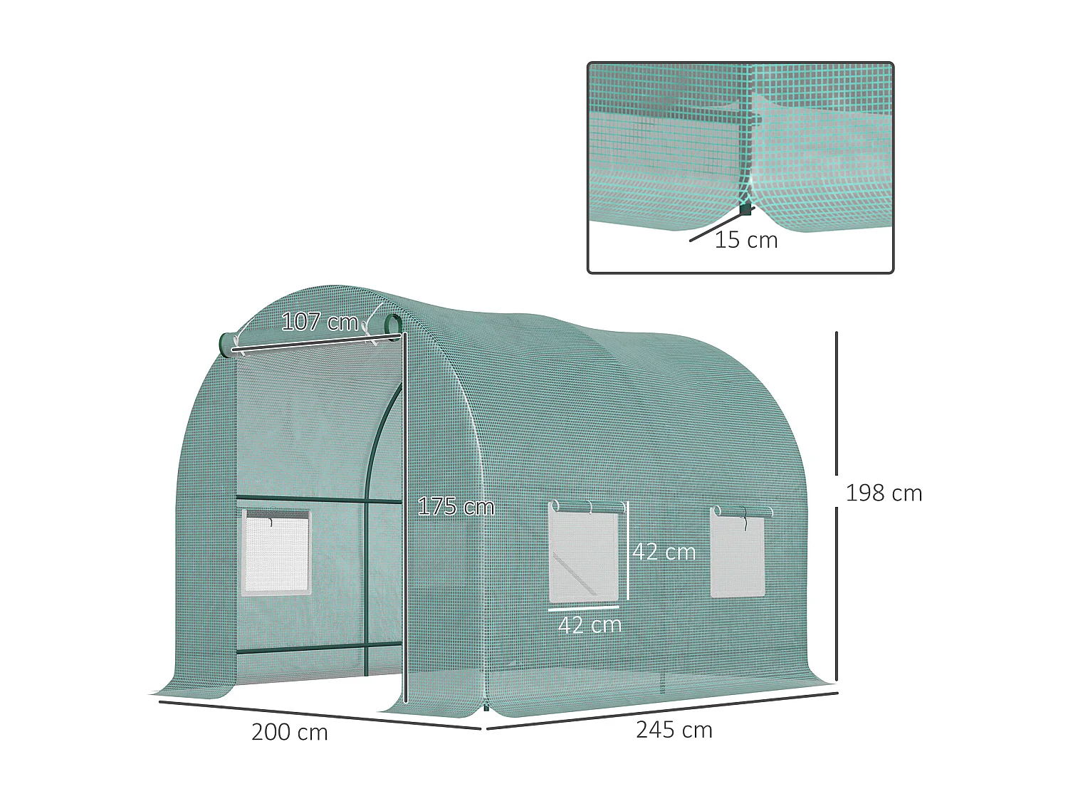 Serre de jardin tunnel 5 m² 2,45L x 2l x 1,98H m acier renforcé Ø 1,8 cm + PE haute densité 140 g/m² fenêtres porte déroulante vert