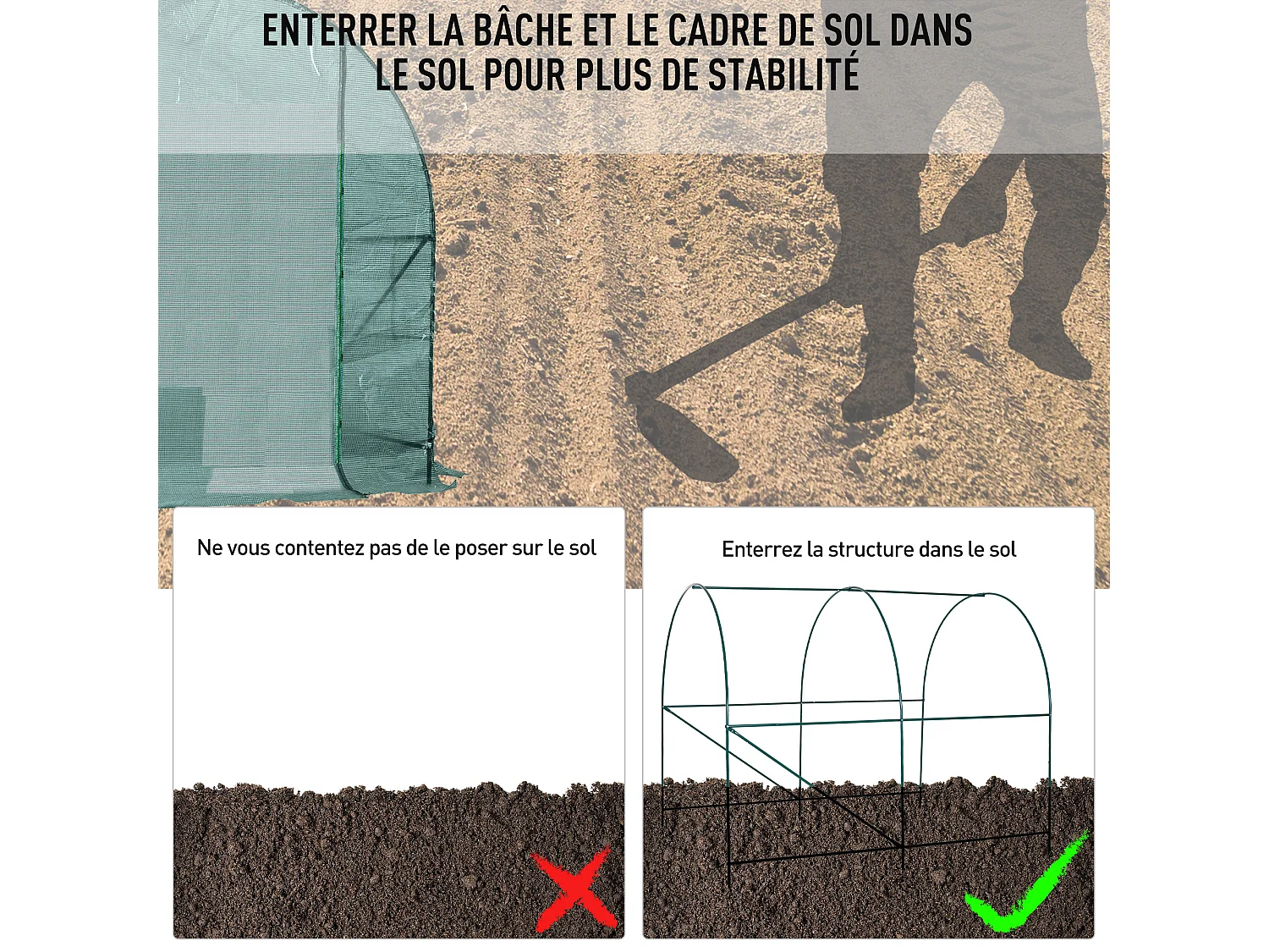 Serre de jardin tunnel 5 m² 2,45L x 2l x 1,98H m acier renforcé Ø 1,8 cm + PE haute densité 140 g/m² fenêtres porte déroulante vert