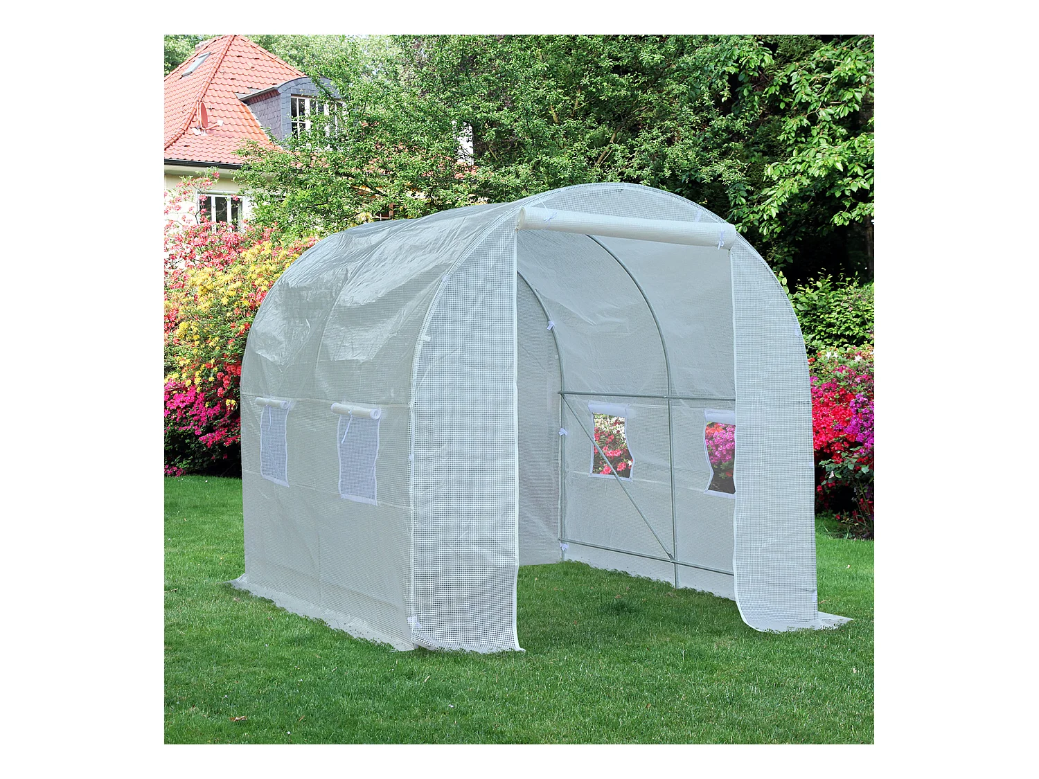 Serre de jardin tunnel surface sol 5 m² 2,5L x 2l x 2H m châssis tubulaire renforcé 18 mm 4 fenêtres blanc