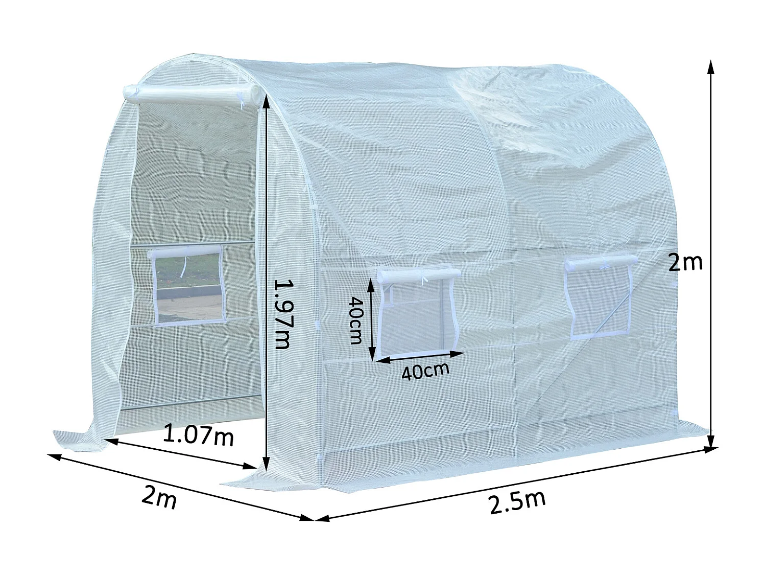 Serre de jardin tunnel surface sol 5 m² 2,5L x 2l x 2H m châssis tubulaire renforcé 18 mm 4 fenêtres blanc