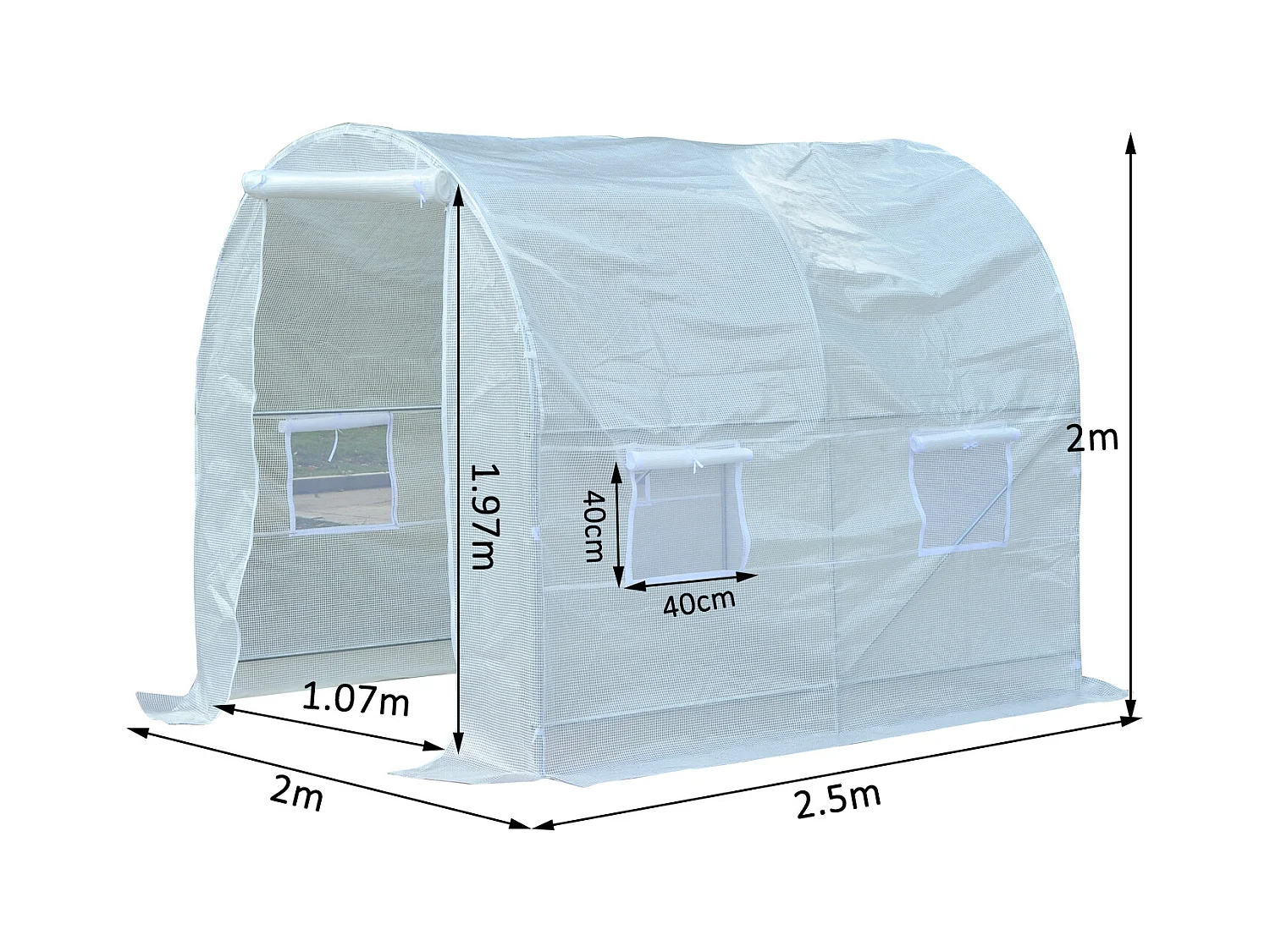 Serre de jardin tunnel surface sol 5 m² 2,5L x 2l x 2H m châssis tubulaire renforcé 18 mm 4 fenêtres blanc