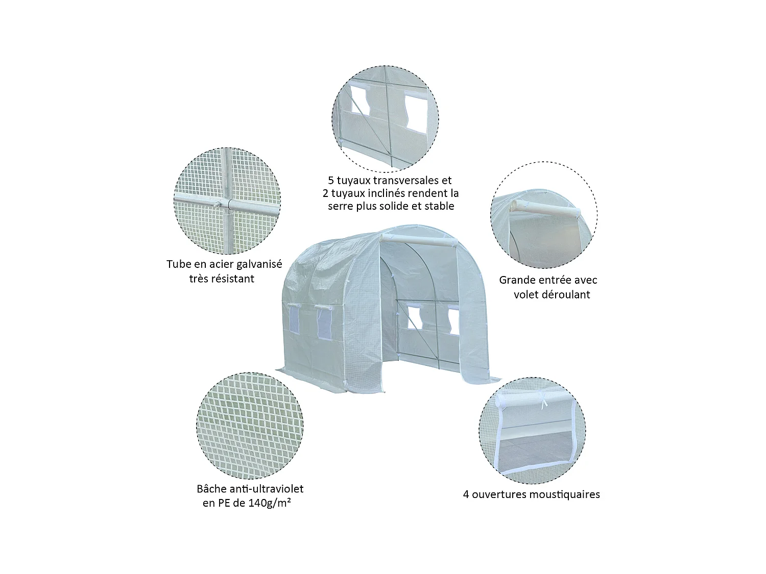 Serre de jardin tunnel surface sol 5 m² 2,5L x 2l x 2H m châssis tubulaire renforcé 18 mm 4 fenêtres blanc