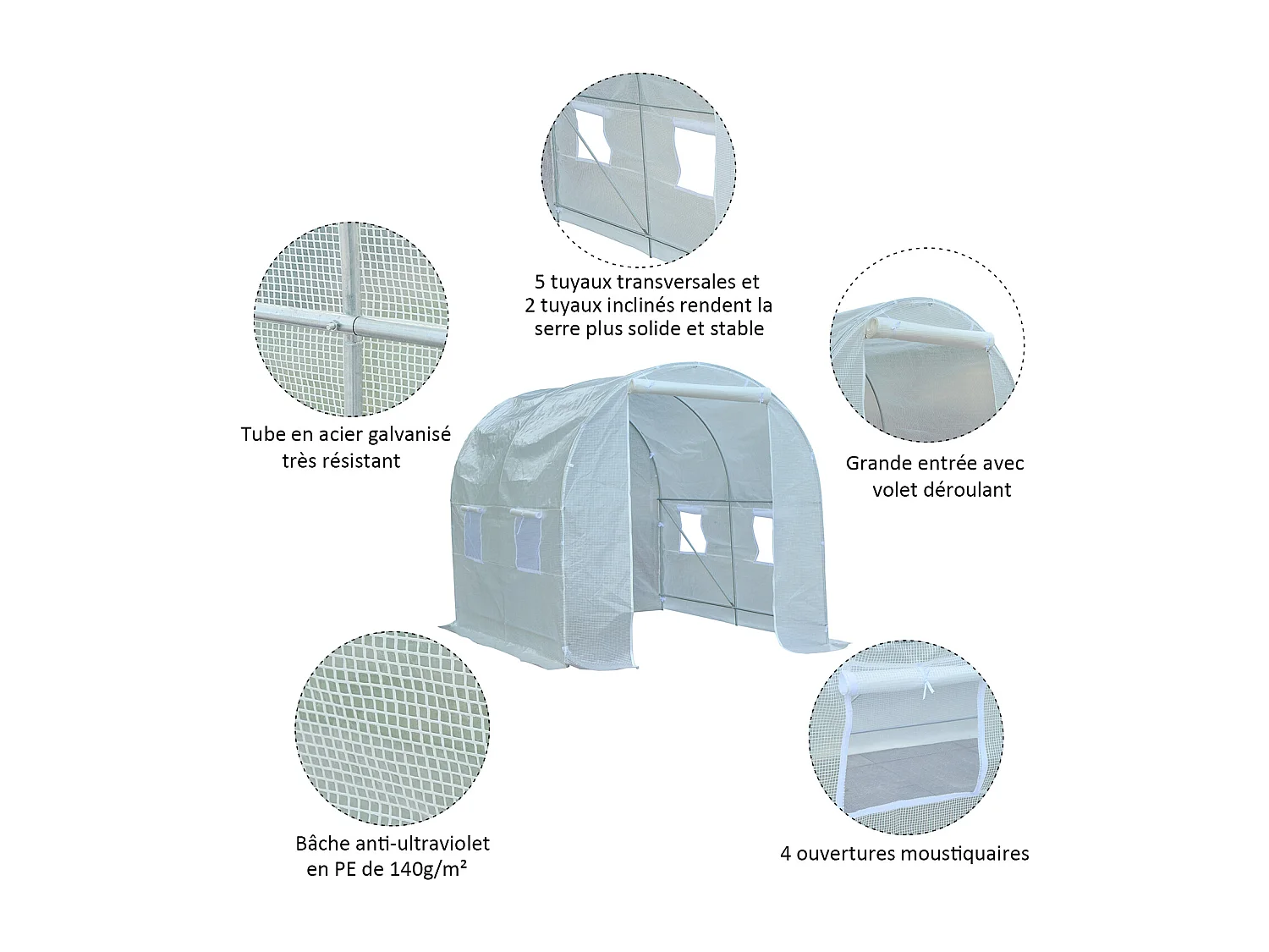 Serre de jardin tunnel surface sol 5 m² 2,5L x 2l x 2H m châssis tubulaire renforcé 18 mm 4 fenêtres blanc