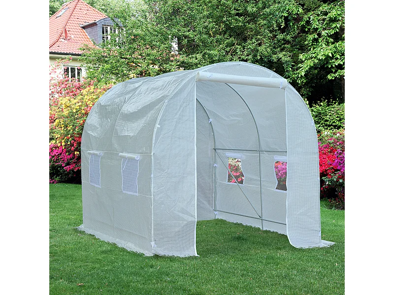 Serre de jardin tunnel surface sol 5 m² 2,5L x 2l x 2H m châssis tubulaire renforcé 18 mm 4 fenêtres blanc
