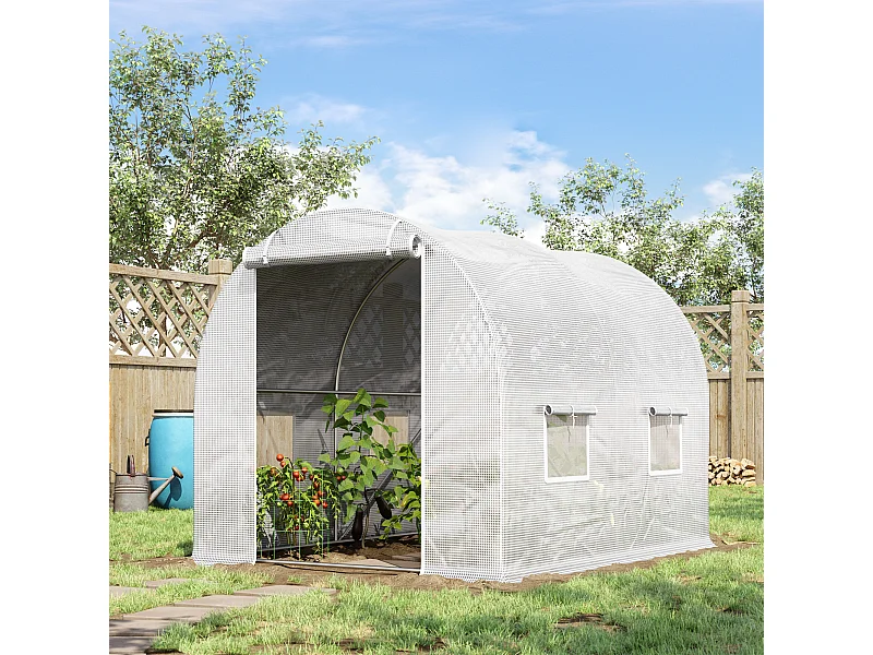 Serre de jardin tunnel 6 m² 3L x 2l x 1,9H m acier galvanisé renforcé diamètre 2,4 cm + PE haute densité fenêtres porte blanc
