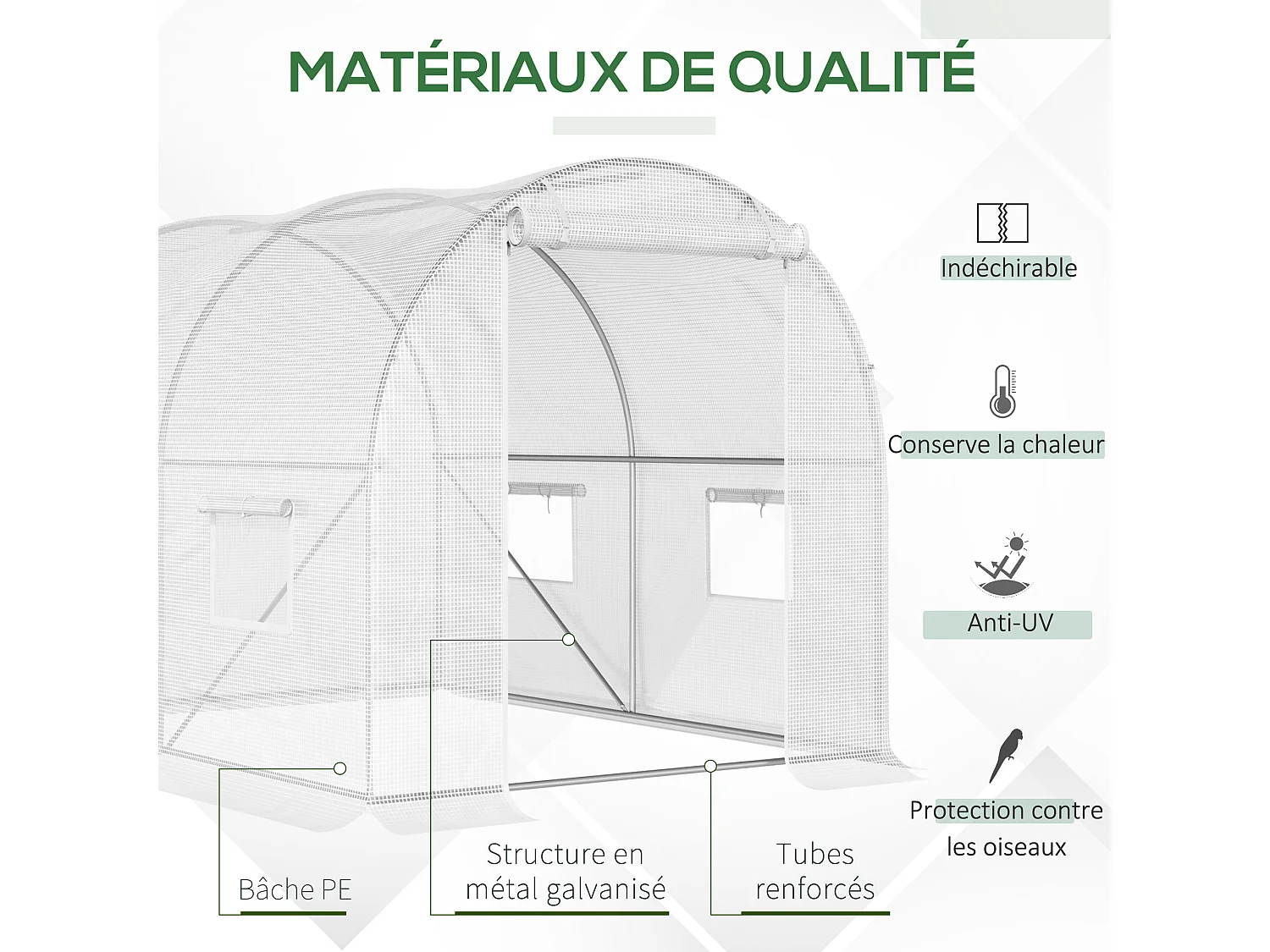 Serre de jardin tunnel 6 m² 3L x 2l x 1,9H m acier galvanisé renforcé diamètre 2,4 cm + PE haute densité fenêtres porte blanc