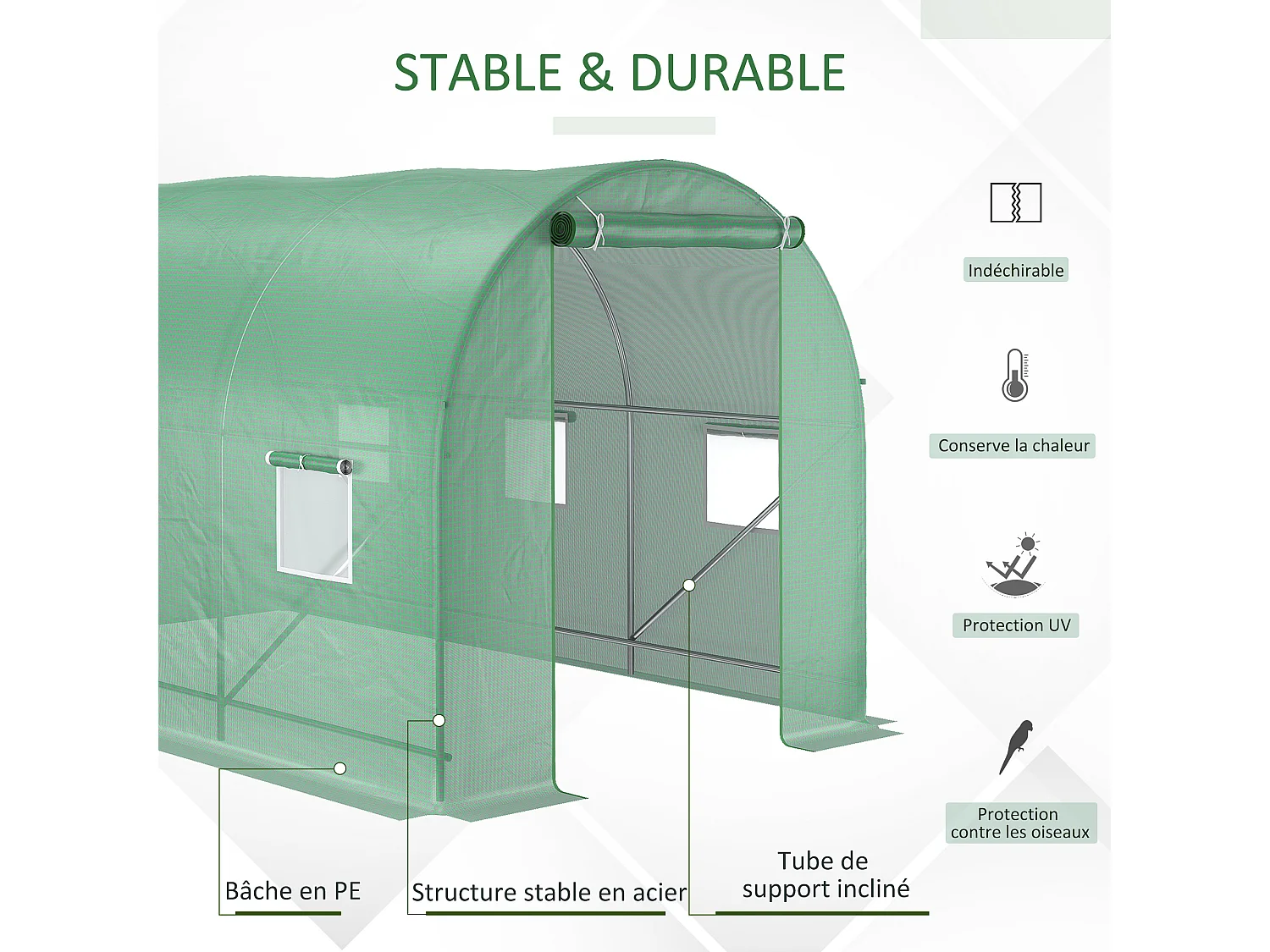 Serre de jardin tunnel 7m² 3,5L x 2l x 2H m châssis tubulaire acier galvanisé renforcé 6 fenêtres 1 portes vert