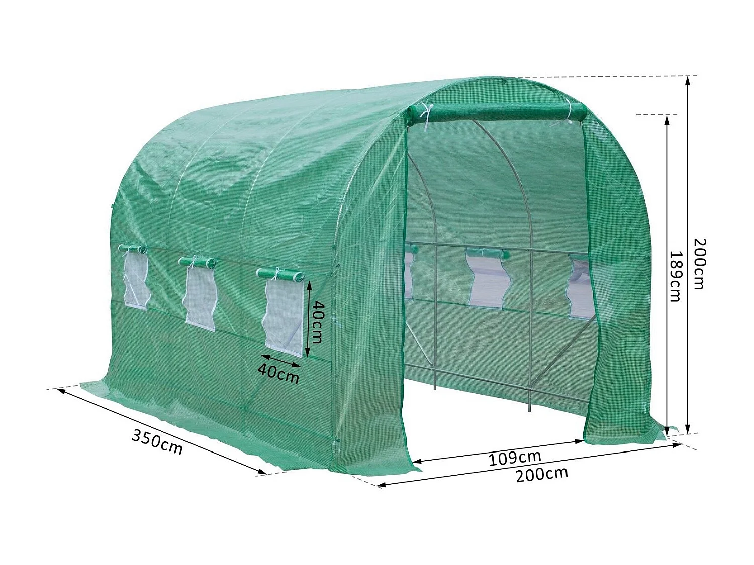 Serre de jardin tunnel 7m² 3,5L x 2l x 2H m châssis tubulaire acier galvanisé renforcé 6 fenêtres 1 portes vert