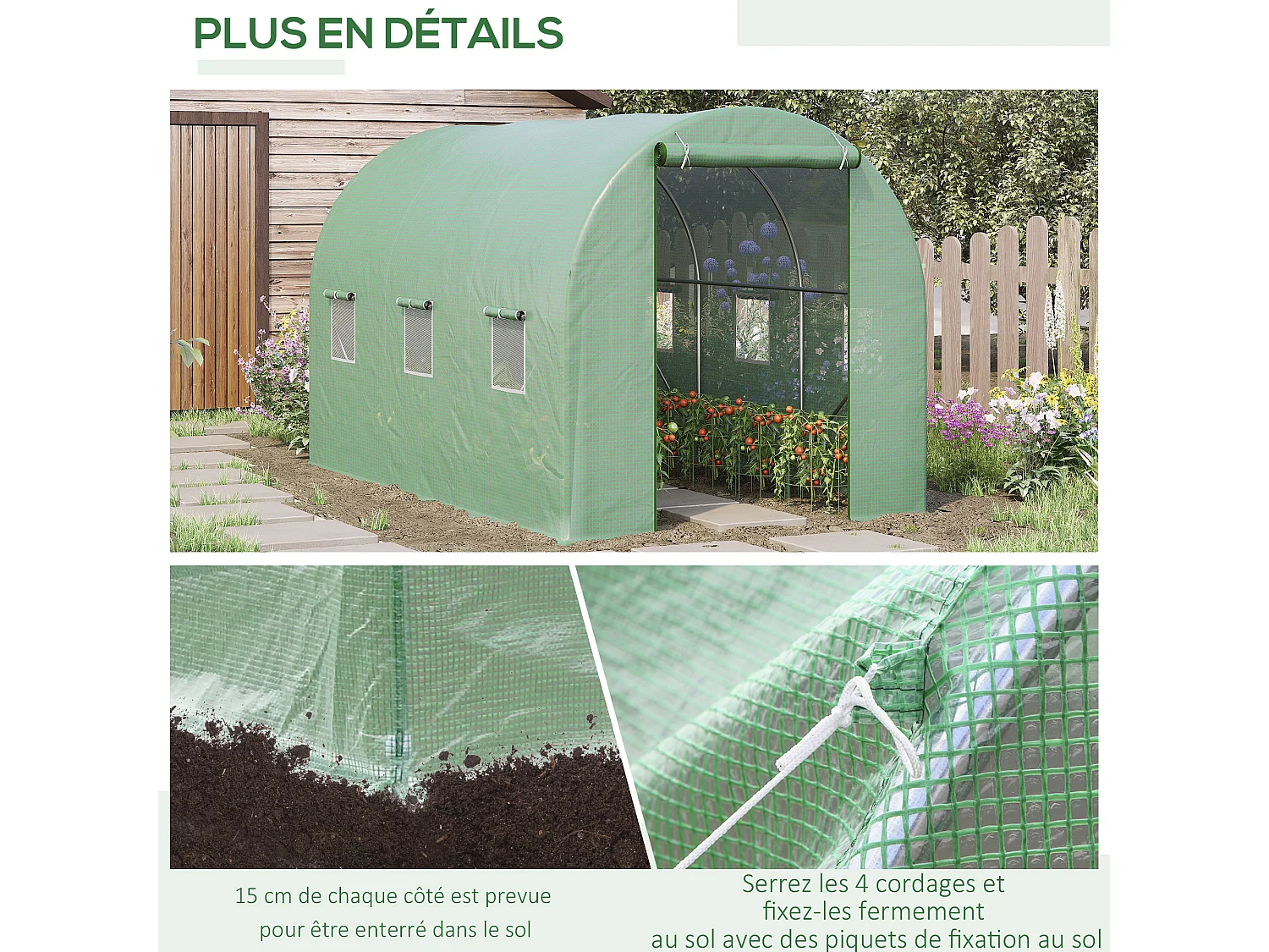 Serre de jardin tunnel 7m² 3,5L x 2l x 2H m châssis tubulaire acier galvanisé renforcé 6 fenêtres 1 portes vert
