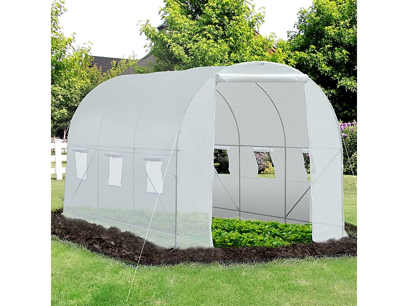 Serre de jardin tunnel surface sol 7 m² 3,5L x 2l x 2H m châssis tubulaire renforcé 18 mm 6 fenêtres blanc