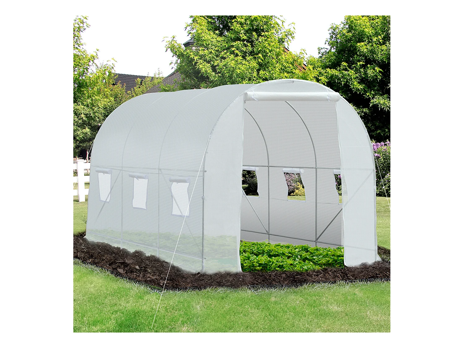 Serre de jardin tunnel surface sol 7 m² 3,5L x 2l x 2H m châssis tubulaire renforcé 18 mm 6 fenêtres blanc